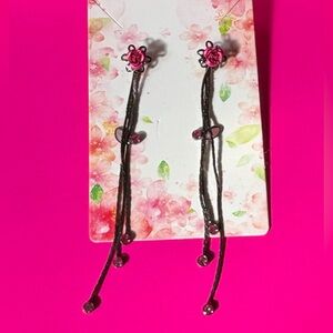 Black & Pink Dangle Earrings | Flower Rhinestone Drop - Antique Inspired